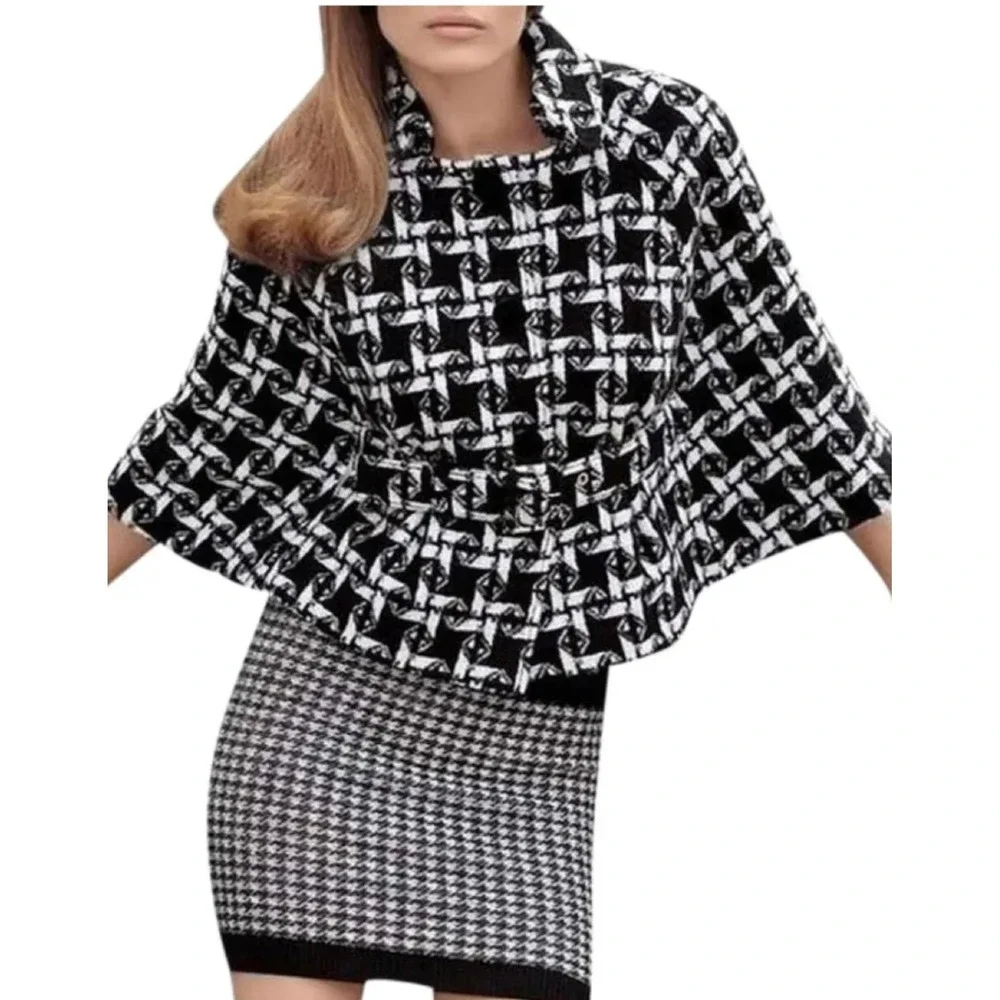 JUICY COUTURE Black‎ Angel Twisted Belt Houndstooth Cape Cardigan Shrug Jacket P